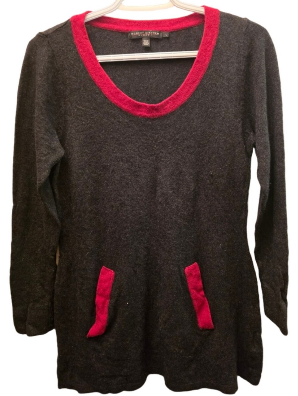 Robert Kitchen Black Wool Cashmere Angora Blend Tunic Sweater Red Trim L